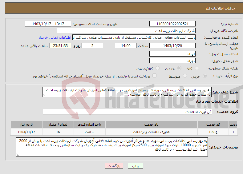 تصویر کوچک آگهی نیاز انتخاب تامین کننده-به روز رسانی اطلاعات پرسنلی، دوره ها و مراکز آموزشی در سامانه فعلی آموزش شرکت ارتباطات زیرساخت به صورت حضوری در این شرکت - با تایید ناظر آموزشی 