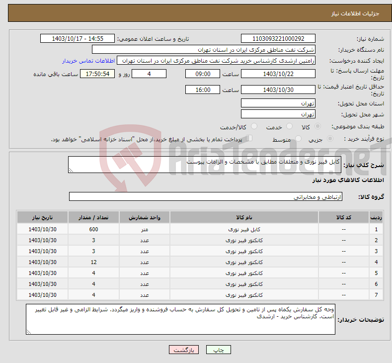 تصویر کوچک آگهی نیاز انتخاب تامین کننده-کابل فیبر نوری و متعلقات مطابق با مشخصات و الزامات پیوست