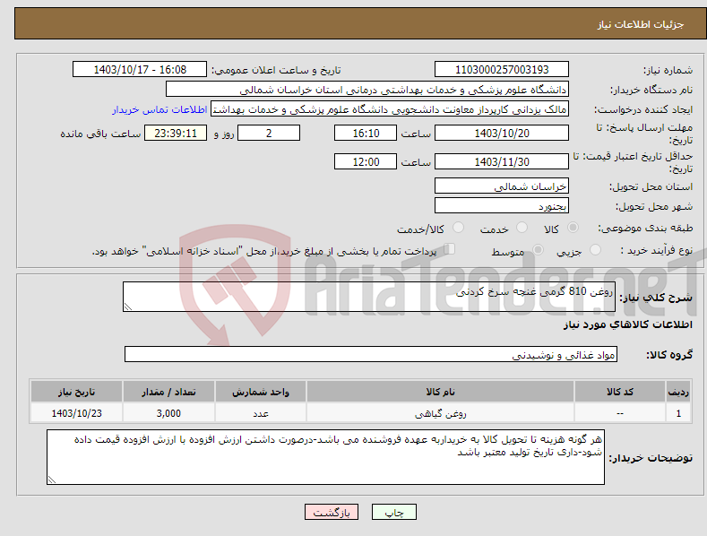 تصویر کوچک آگهی نیاز انتخاب تامین کننده-روغن 810 گرمی غنچه سرخ کردنی