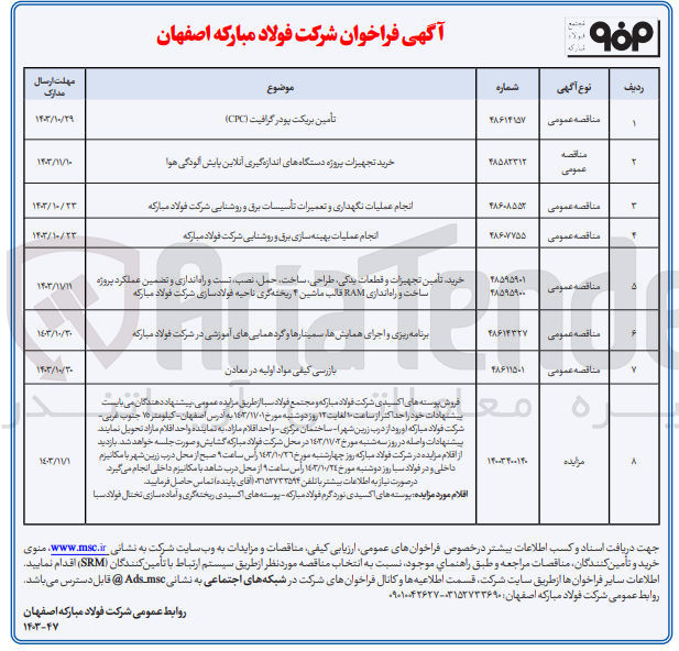 تصویر کوچک آگهی انجام عملیات نگهداری و تعمیرات تاسیسات برق و روشنایی شرکت فولاد مبارکه