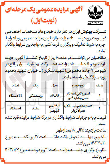 تصویر کوچک آگهی واگذاری خودرو های :ایسوزو کفی تیغه دار حمل نوشابه 6 تن و کشنده شکموتو x5000 به همراه تریلر 