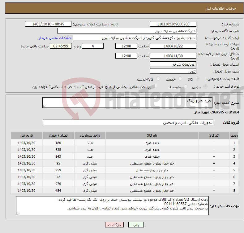 تصویر کوچک آگهی نیاز انتخاب تامین کننده-خرید خار و رینگ 