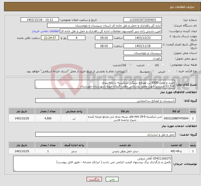 تصویر کوچک آگهی نیاز انتخاب تامین کننده-خرید و حمل 4500 تن مصالح سنگی شکسته با دانه بندی 12.5-0 میلیمتر جهت محور روستایی دهی-گروک حوزه شهرستان مهرستان