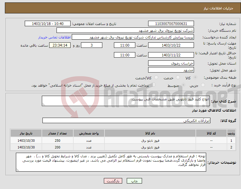 تصویر کوچک آگهی نیاز انتخاب تامین کننده-انواع کلید فیوز تابلویی طبق مشخصات فنی پیوست.