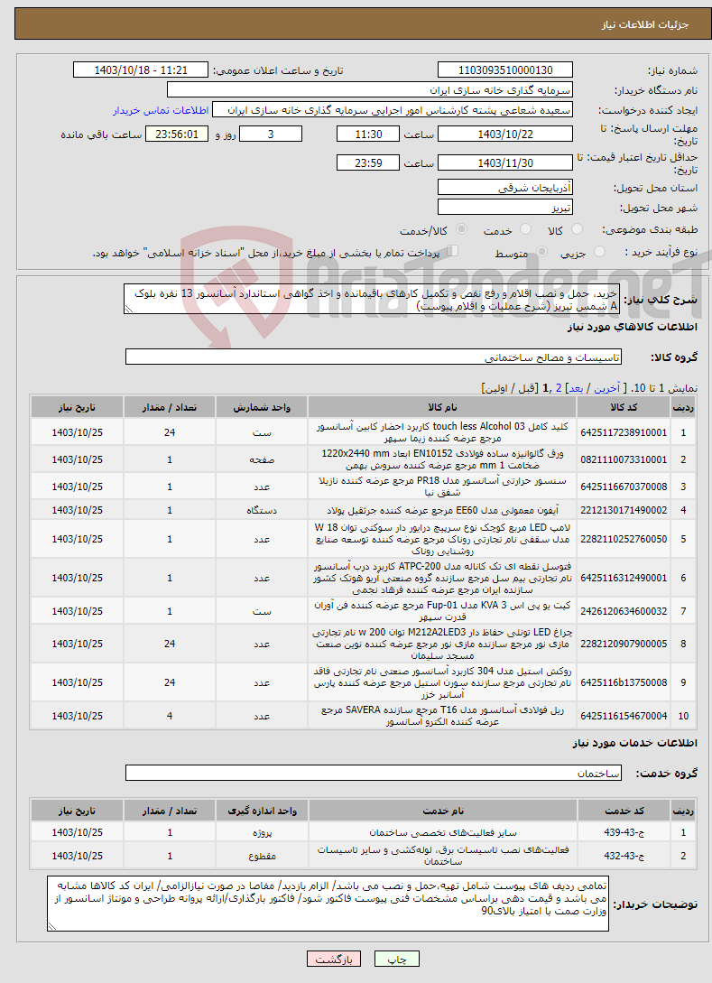 تصویر کوچک آگهی نیاز انتخاب تامین کننده-خرید، حمل و نصب اقلام و رفع نقص و تکمیل کارهای باقیمانده و اخذ گواهی استاندارد آسانسور 13 نفره بلوک A شمس تبریز (شرح عملیات و اقلام پیوست)