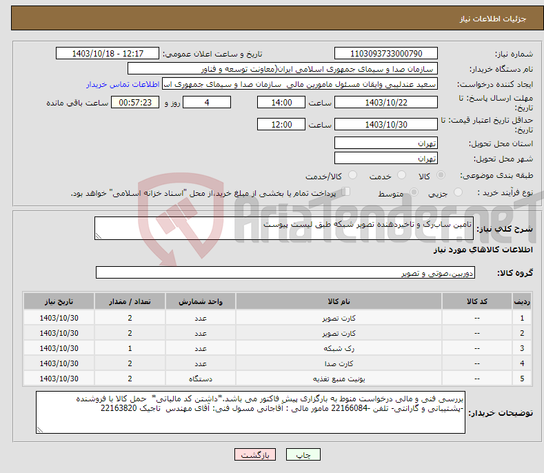 تصویر کوچک آگهی نیاز انتخاب تامین کننده-تامین ساب‌رک و تاخیردهنده تصویر شبکه طبق لیست پیوست