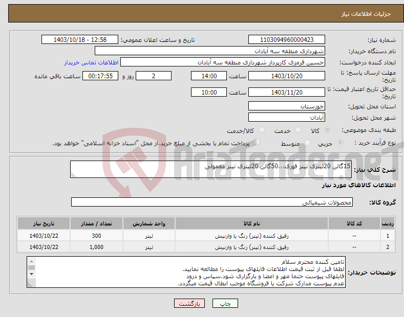 تصویر کوچک آگهی نیاز انتخاب تامین کننده-15گالن 20لیتری تینر فوری،،،50گالن 20لیتری تینر معمولی