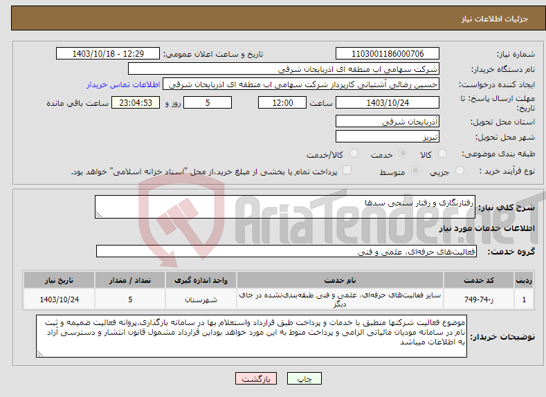 تصویر کوچک آگهی نیاز انتخاب تامین کننده-رفتارنگاری و رفتار سنجی سدها