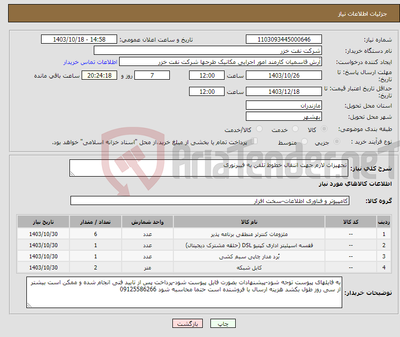 تصویر کوچک آگهی نیاز انتخاب تامین کننده-تجهیزات لازم جهت انتقال خطوط تلفن به فیبرنوری