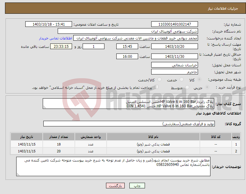تصویر کوچک آگهی نیاز انتخاب تامین کننده-پلاگ رابردارHP Valve 6 in 160 Barجنس استنلس استیل پلاگ معمولیHP Valve 6 in 160 Bar جنس DIN 1.4541