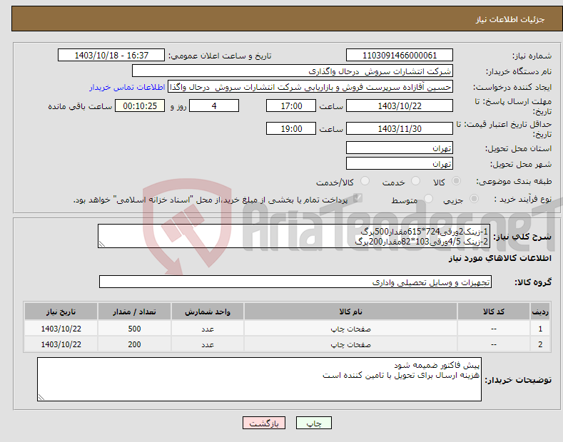 تصویر کوچک آگهی نیاز انتخاب تامین کننده-1-زینک2ورقی724*615مقدار500برگ 2-زینک 4/5ورقی103*82مقدار200برگ