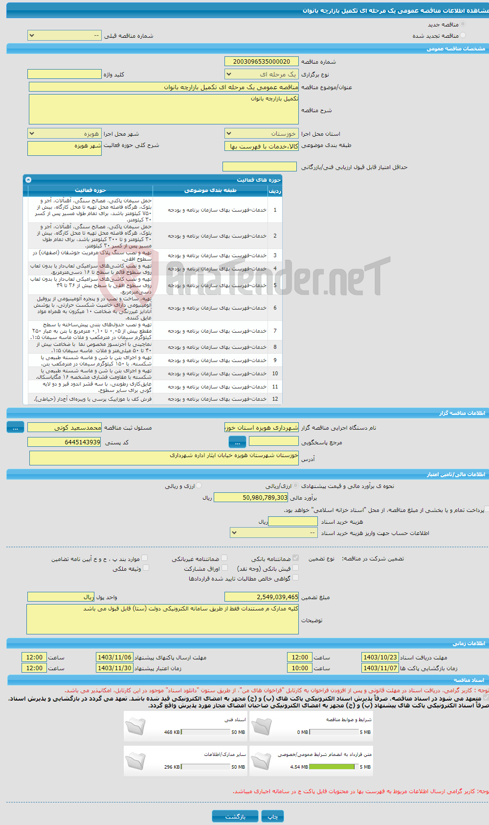 تصویر کوچک آگهی مناقصه عمومی یک مرحله ای تکمیل بازارچه بانوان