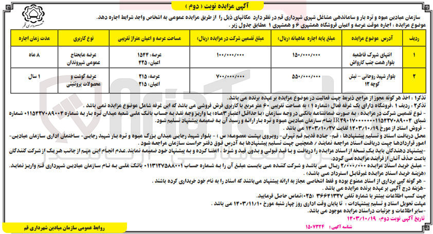 تصویر کوچک آگهی اجاره موقت عرصه و اعیان فروشگاه همشهری 6 و همشهری 1 