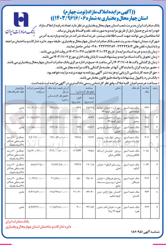 تصویر کوچک آگهی فروش تعداد 9 رقبه از املاک مازاد خود در 9 ردیف شامل آپارتمان ـ خانه ـ زمین مزروعی