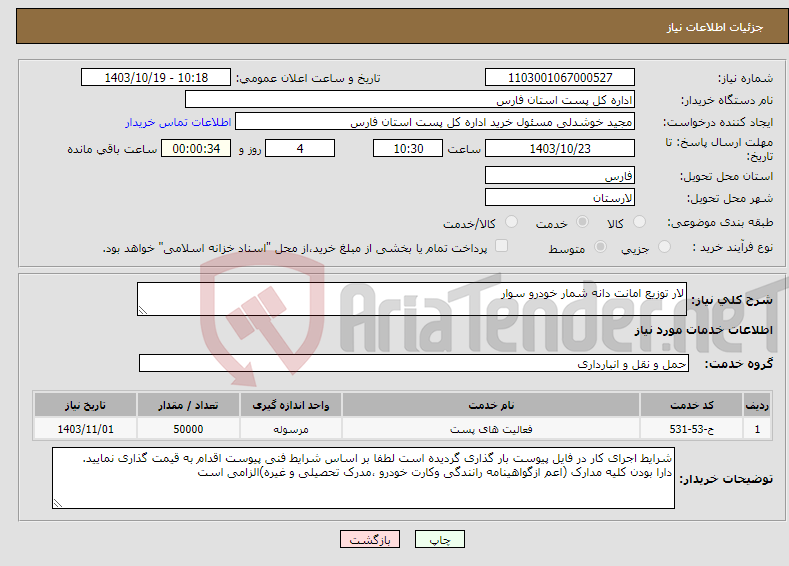 تصویر کوچک آگهی نیاز انتخاب تامین کننده-لار توزیع امانت دانه شمار خودرو سوار 
