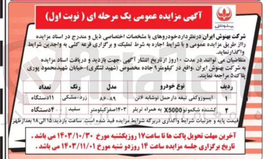 تصویر کوچک آگهی واگذاری خودرو های :ایسوزو کفی تیغه دار حمل نوشابه 6 تن و کشنده شکموتو x5000 به همراه تریلر 