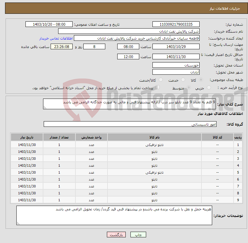تصویر کوچک آگهی نیاز انتخاب تامین کننده-9 قلم به تعداد 9 عدد تابلو سر درب / ارائه پیشنهاد فنی و مالی به صورت جداگانه الزامی می باشد 