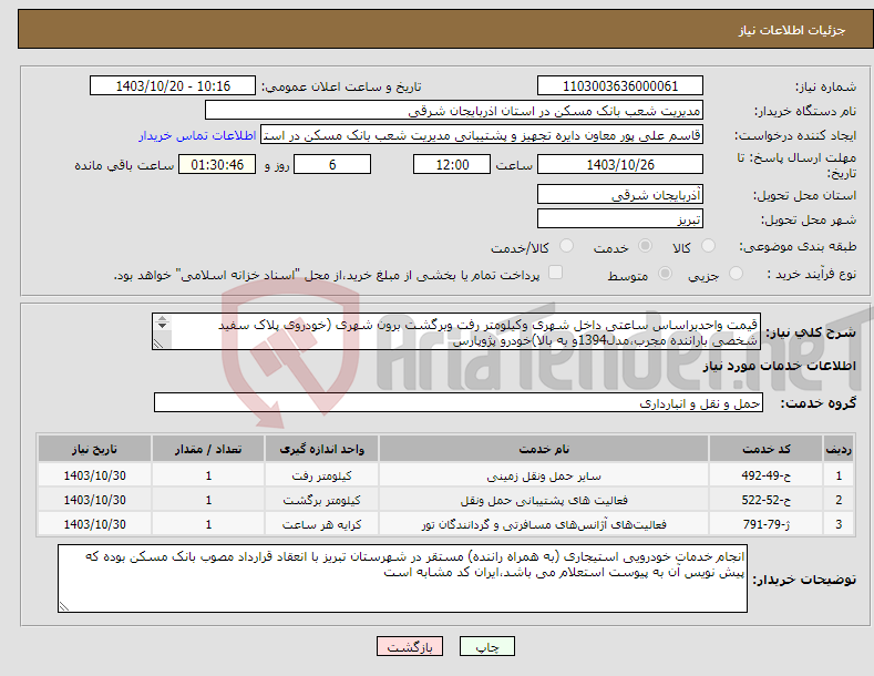 تصویر کوچک آگهی نیاز انتخاب تامین کننده-قیمت واحدبراساس ساعتی داخل شهری وکیلومتر رفت وبرگشت برون شهری (خودروی پلاک سفید شخصی باراننده مجرب،مدل1394و به بالا)خودرو پژوپارس 