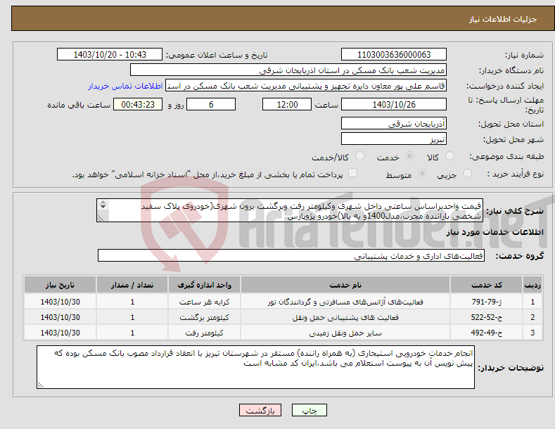 تصویر کوچک آگهی نیاز انتخاب تامین کننده-قیمت واحدبراساس ساعتی داخل شهری وکیلومتر رفت وبرگشت برون شهری(خودروی پلاک سفید شخصی باراننده مجرب،مدل1400و به بالا)خودرو پژوپارس 