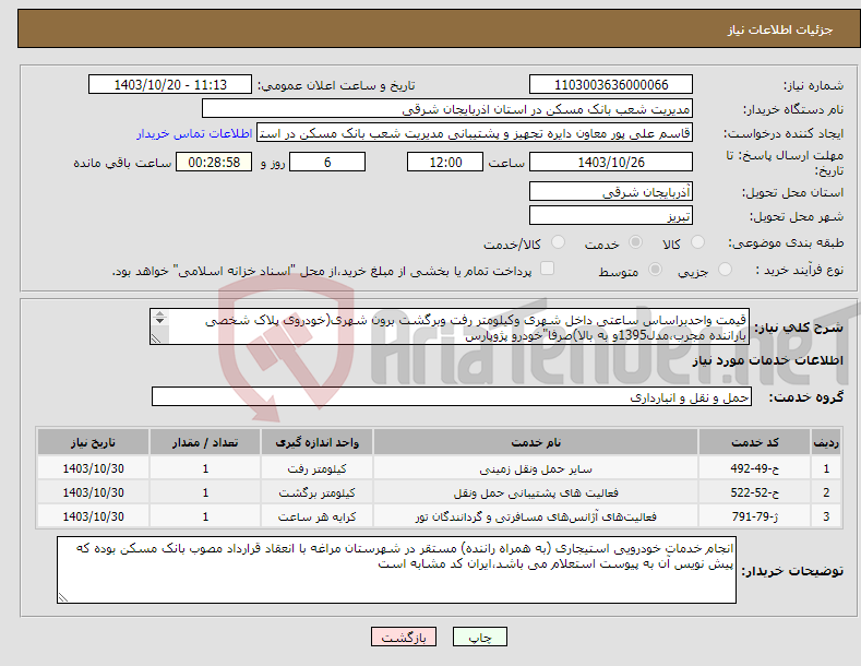 تصویر کوچک آگهی نیاز انتخاب تامین کننده-قیمت واحدبراساس ساعتی داخل شهری وکیلومتر رفت وبرگشت برون شهری(خودروی پلاک شخصی باراننده مجرب،مدل1395و به بالا)صرفا"خودرو پژوپارس 