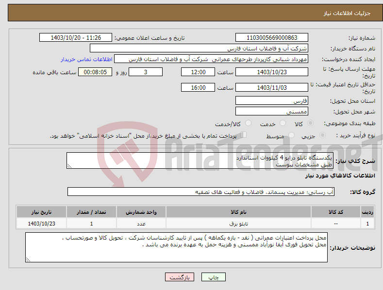 تصویر کوچک آگهی نیاز انتخاب تامین کننده-یکدستگاه تابلو درایو 4 کیلووات استاندارد طبق مشخصات پیوست