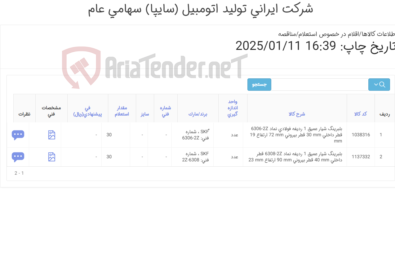 تصویر کوچک آگهی تامین دو ردیف بلبرینگ های شیار عمیق