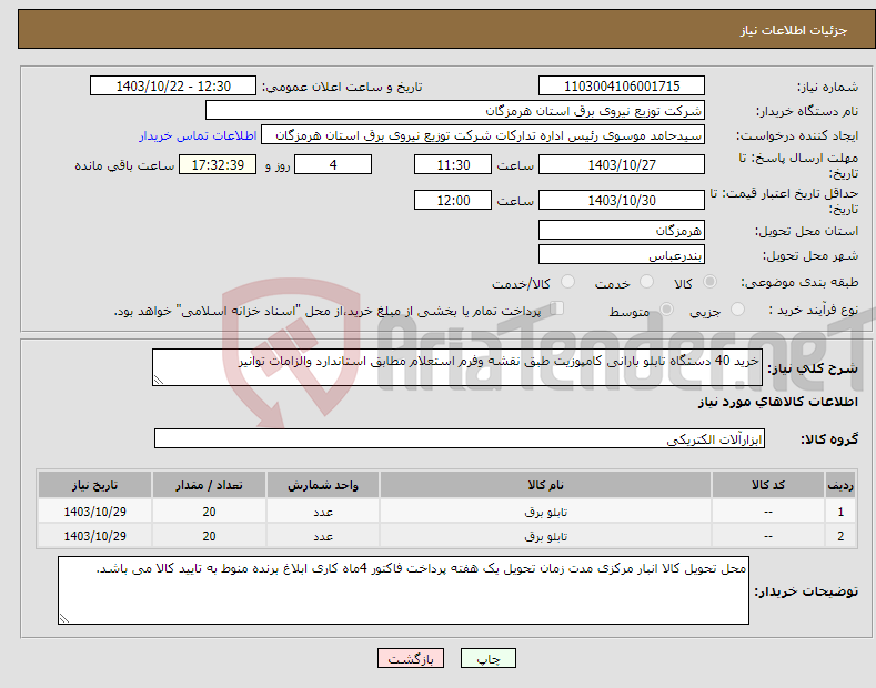 تصویر کوچک آگهی نیاز انتخاب تامین کننده-خرید 40 دستگاه تابلو بارانی کامپوزیت طبق نقشه وفرم استعلام مطابق استاندارد والزامات توانیر 