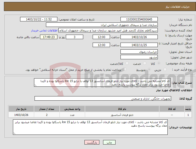 تصویر کوچک آگهی نیاز انتخاب تامین کننده-کد کالا مشابه می باشد - کالای مورد نیاز تابلو فرمان آسانسور 13 توقف با درایو 15 kw یاسکاوا بوده و اکیدا تقاضا میشود برابر مفاد برگه پیوست پاسخ دهید