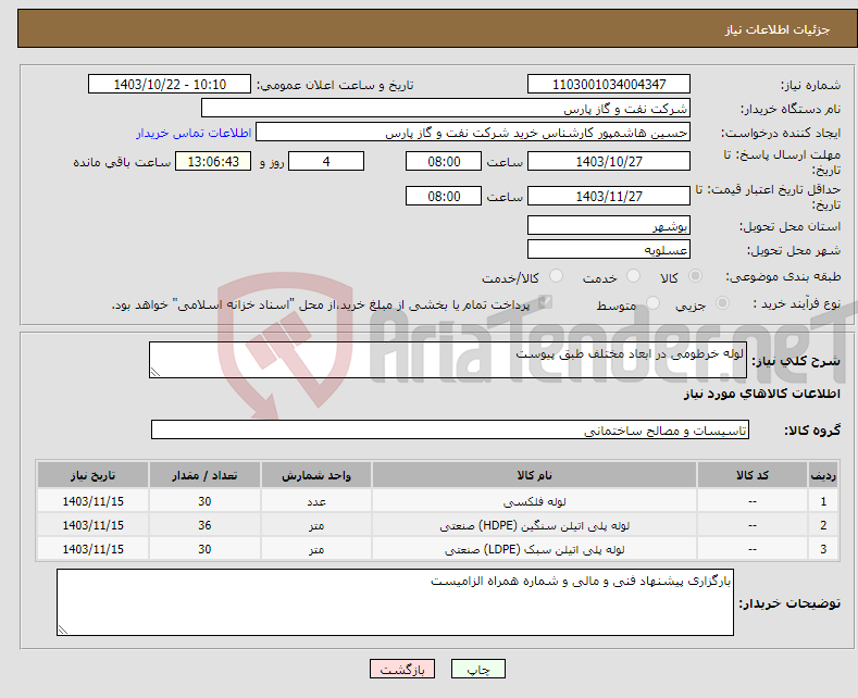 تصویر کوچک آگهی نیاز انتخاب تامین کننده-لوله خرطومی در ابعاد مختلف طبق پیوست