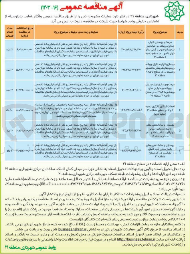 تصویر کوچک آگهی مرمت و بهسازی انهار جداول و پیاده رو خیابان های بدخشان جنوبی گیتی نما و بلوار لاله و.... در سطح ناحیه ۱ منطقه ۲۱
