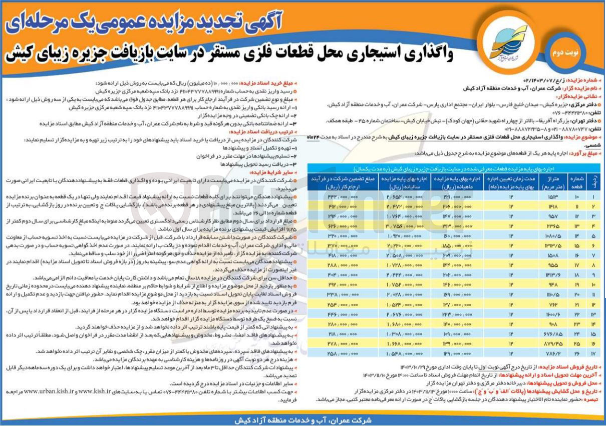 تصویر کوچک آگهی واگذاری استیجاری محل قطعات فلزی مستقر در سایت بازیافت جزیره زیبای کیش در 17 ردیف