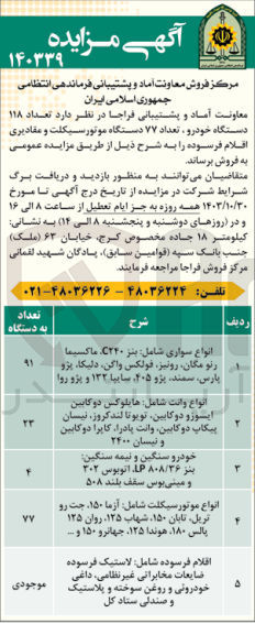 تصویر کوچک آگهی فروش تعداد 118 دستگاه خودرو ،تعداد 77 دستگاه موتور  سیکلت و مقادیری اقلام فرسوده 