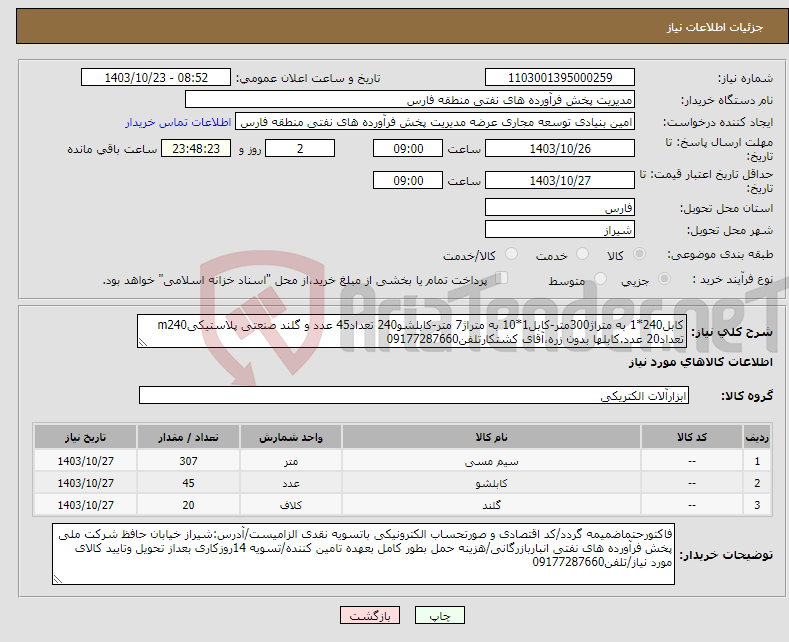 تصویر کوچک آگهی نیاز انتخاب تامین کننده-کابل240*1 به متراژ300متر-کابل1*10 به متراژ7 متر-کابلشو240 تعداد45 عدد و گلند صنعتی پلاستیکیm240 تعداد20 عدد.کابلها بدون زره،آقای کشتکارتلفن09177287660