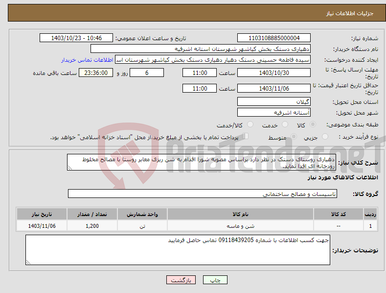 تصویر کوچک آگهی نیاز انتخاب تامین کننده-دهیاری روستای دستک در نظر دارد براساس مصوبه شورا اقدام به شن ریزی معابر روستا با مصالح مخلوط رودخانه ای اقدا نماید. 