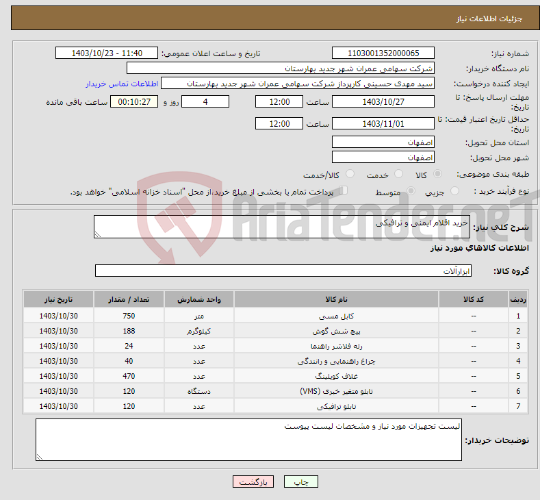 تصویر کوچک آگهی نیاز انتخاب تامین کننده-خرید اقلام ایمنی و ترافیکی 