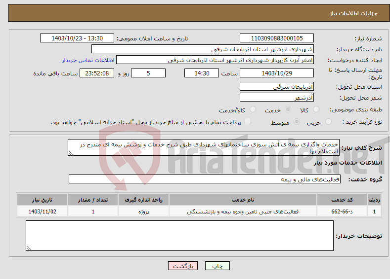 تصویر کوچک آگهی نیاز انتخاب تامین کننده-خدمات واگذاری بیمه ی آتش سوزی ساختمانهای شهرداری طبق شرح خدمات و پوشش بیمه ای مندرج در استعلام بها