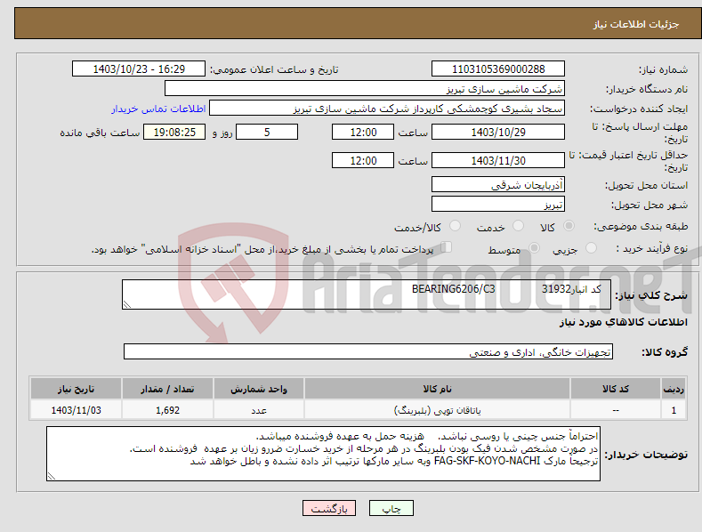 تصویر کوچک آگهی نیاز انتخاب تامین کننده- کد انبار31932 BEARING6206/C3
