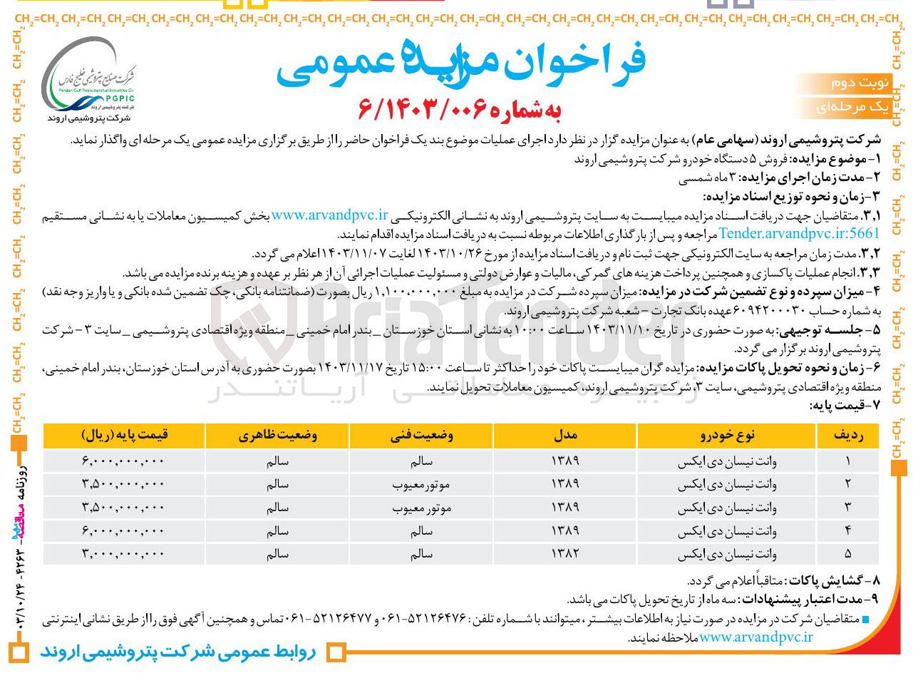 تصویر کوچک آگهی فروش 5 دستگاه خودرو شرکت پتروشیمی اروند 