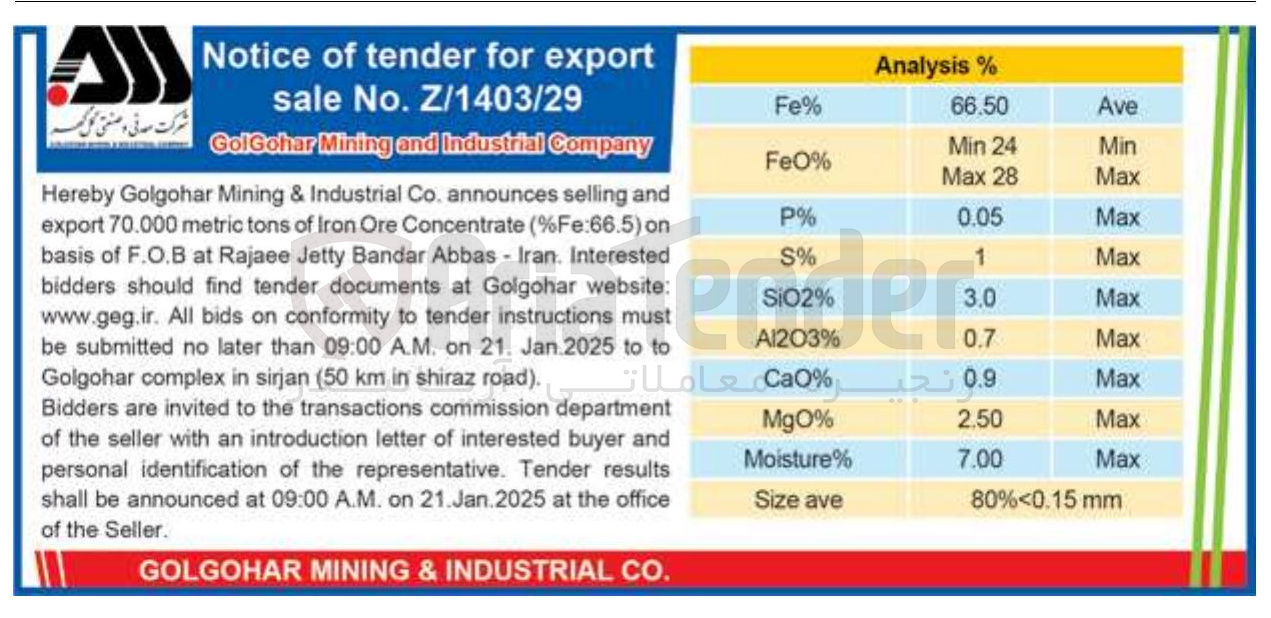 تصویر کوچک آگهی ( Concentrate Ore Iron of tons metric 70.000 export Interested