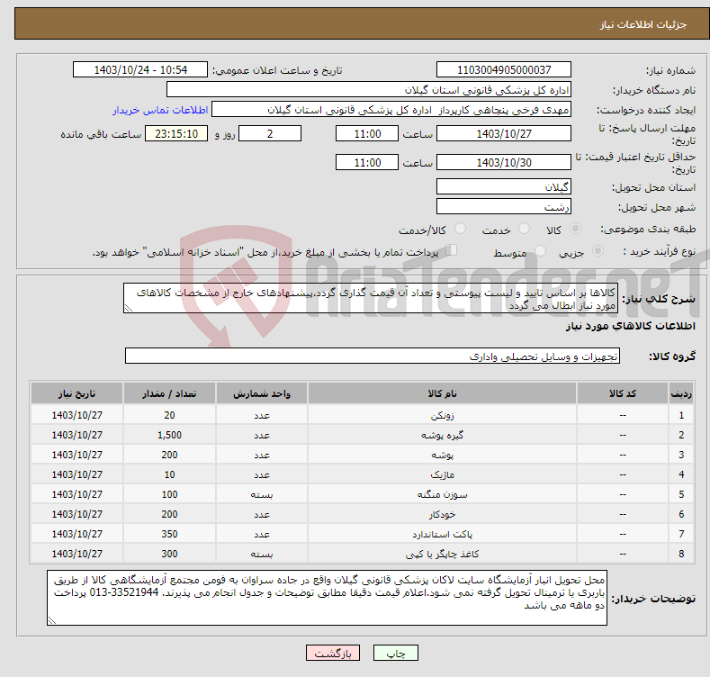 تصویر کوچک آگهی نیاز انتخاب تامین کننده-کالاها بر اساس تایید و لیست پیوستی و تعداد آن قیمت گذاری گردد.پیشنهادهای خارج از مشخصات کالاهای مورد نیاز ابطال می گردد