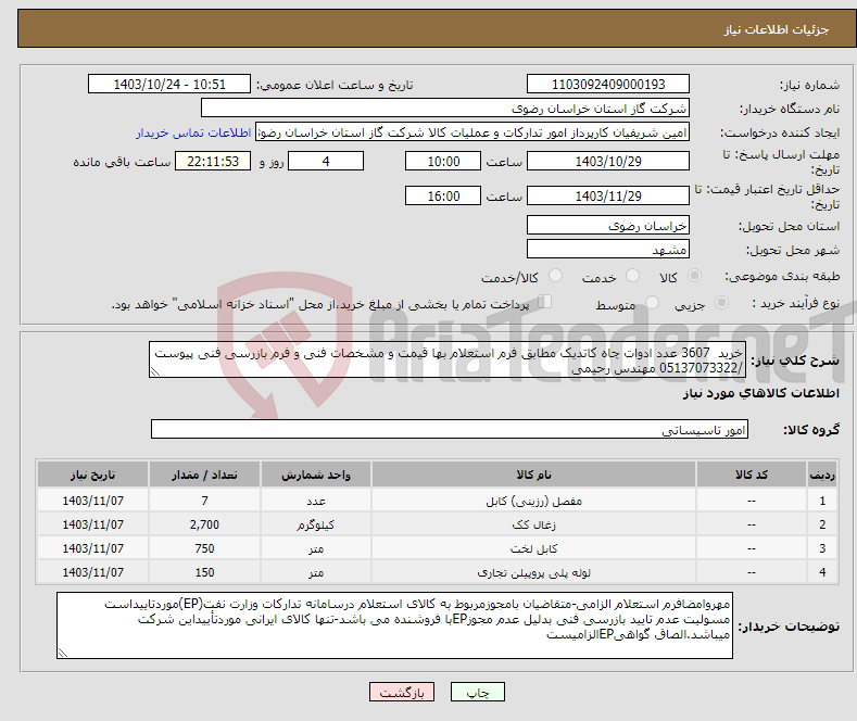 تصویر کوچک آگهی نیاز انتخاب تامین کننده-خرید 3607 عدد ادوات چاه کاتدیک مطابق فرم استعلام بها قیمت و مشخصات فنی و فرم بازرسی فنی پیوست /05137073322 مهندس رحیمی 