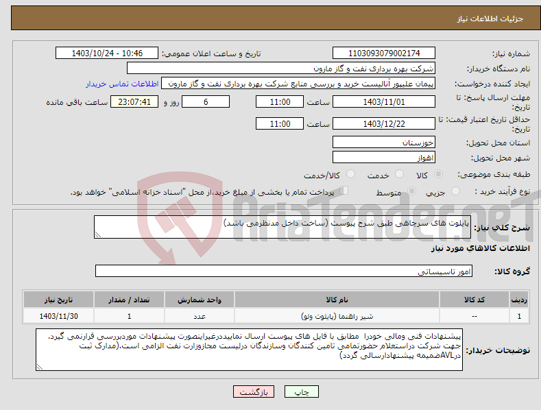 تصویر کوچک آگهی نیاز انتخاب تامین کننده-پایلوت های سرچاهی طبق شرح پیوست (ساخت داخل مدنظرمی باشد)