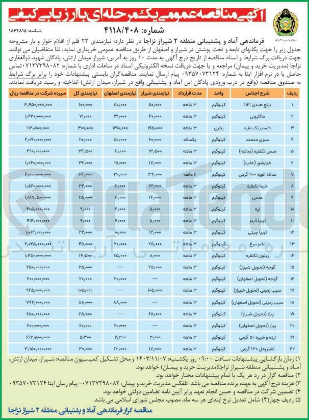 تصویر کوچک آگهی خرید سبزی منجمد نیازمندی شیراز (60/000 کیلوگرم) و نیازمندی اصفهان (50/000 کیلوگرم)