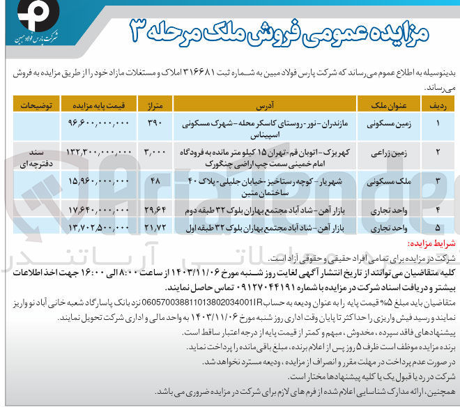 تصویر کوچک آگهی فروش املاک و مستغلات در 5 ردیف باکاربری مسکونی ،زراعی ،تجاری 