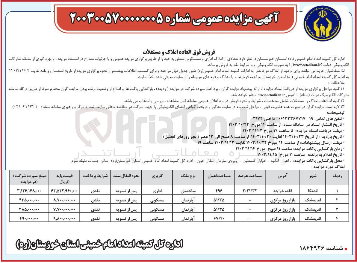 تصویر کوچک آگهی فروش تعدادی از املاک اداری و مسکونی در 4 ردیف