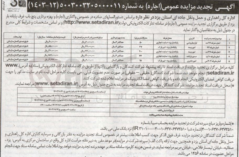 تصویر کوچک آگهی ( اجاره ) و بهره برداری پنج باب غرف پایانه بار به شماره های 26، 43 ، 37، 10، 203