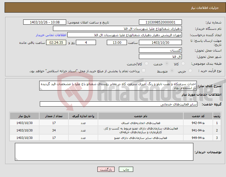 تصویر کوچک آگهی نیاز انتخاب تامین کننده-احداث سرعتکاه و نصب تابلو و رنگ آمیزی سرعت کاه در معابر روستای شفتالو باغ علیا با مشخصات قید گردیده در استعلام بهاء 