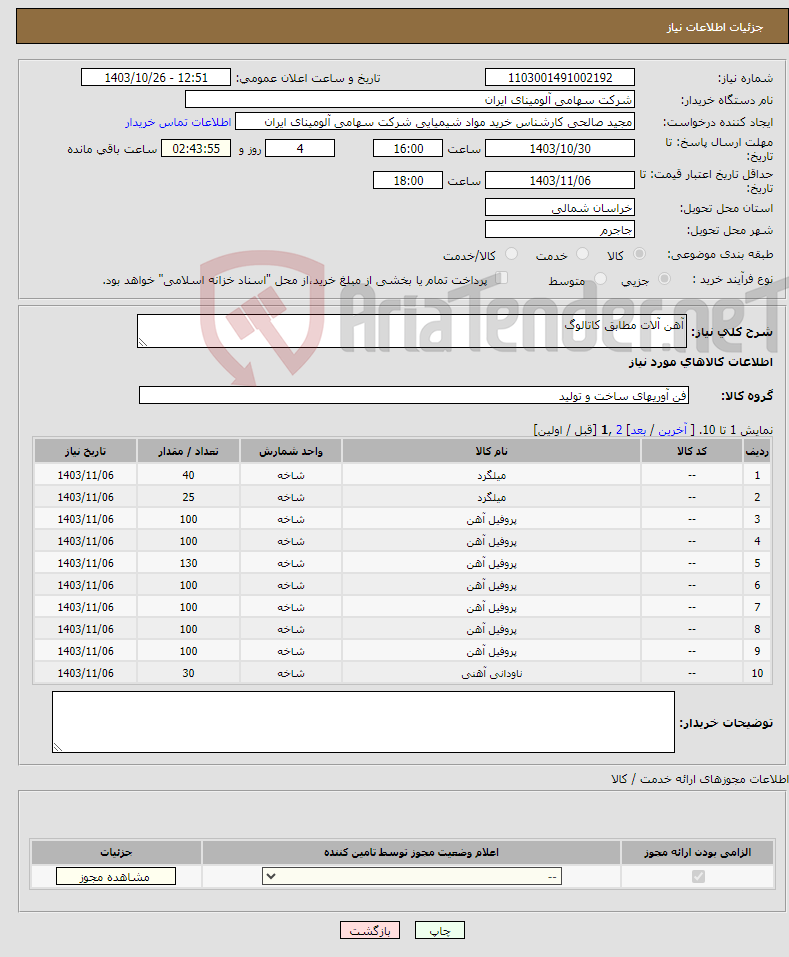 تصویر کوچک آگهی نیاز انتخاب تامین کننده-آهن آلات مطابق کاتالوگ