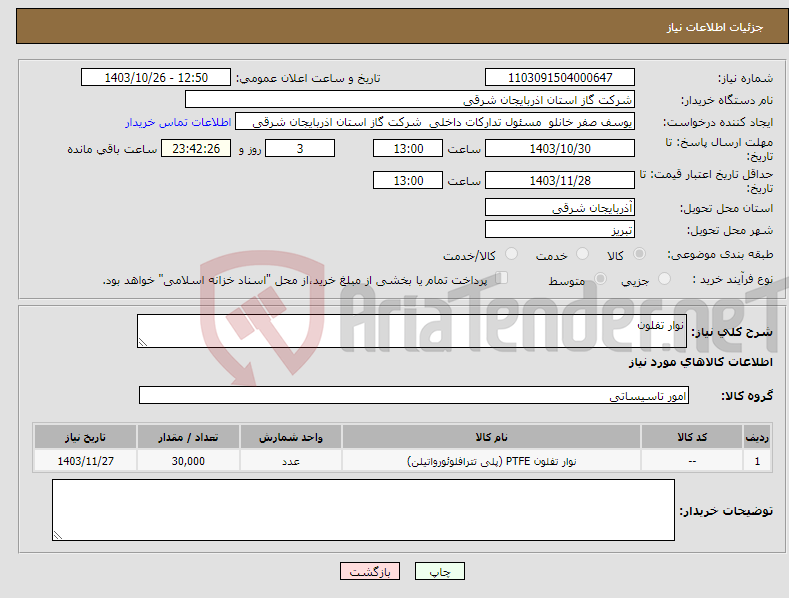 تصویر کوچک آگهی نیاز انتخاب تامین کننده-نوار تفلون