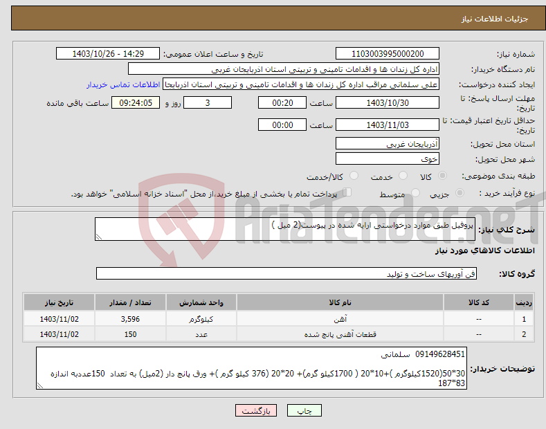 تصویر کوچک آگهی نیاز انتخاب تامین کننده-پروفیل طبق موارد درخواستی ارایه شده در پیوست(2 میل )